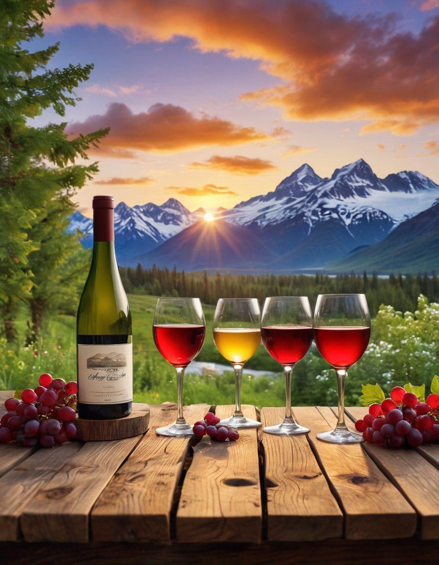 A picturesque scene featuring a collection of Alaskan wines elegantly arranged on a rustic wooden table, surrounded by lush green landscapes and distant snow-capped mountains under a bright, vibrant sunset. Include celebratory elements like cheers with wine glasses and an inviting, cozy atmosphere that embodies joy and festivity. super-realistic. vibrant colors. wide angle.
