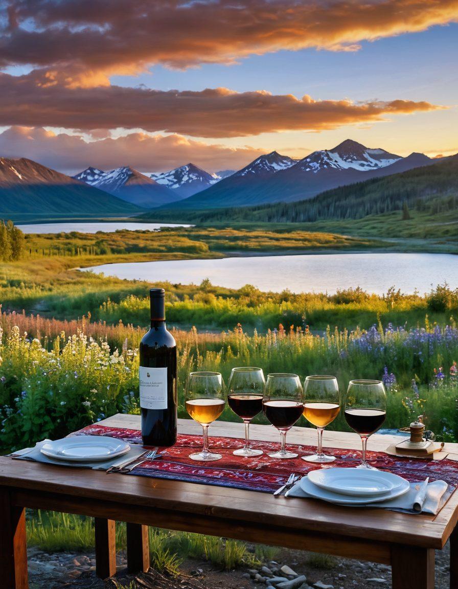A breathtaking landscape of the Alaskan wilderness during a midnight sun, with rolling hills and vibrant wildflowers. In the foreground, a rustic wooden table is adorned with elegant wine glasses filled with colorful Alaskan wines, capturing the essence of celebration. Soft, warm lighting illuminates the scene, emphasizing the spirit of joy and togetherness. A serene lake reflects the golden glow of the sky, adding to the tranquility of the moment. vivid colors, super-realistic, warm ambiance.